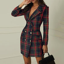 Load image into Gallery viewer, Fashion suit women blazer dress Autumn Winter Double Breasted Plaid Pocket Button Front Military Style Mini Dress Free Ship Z4
